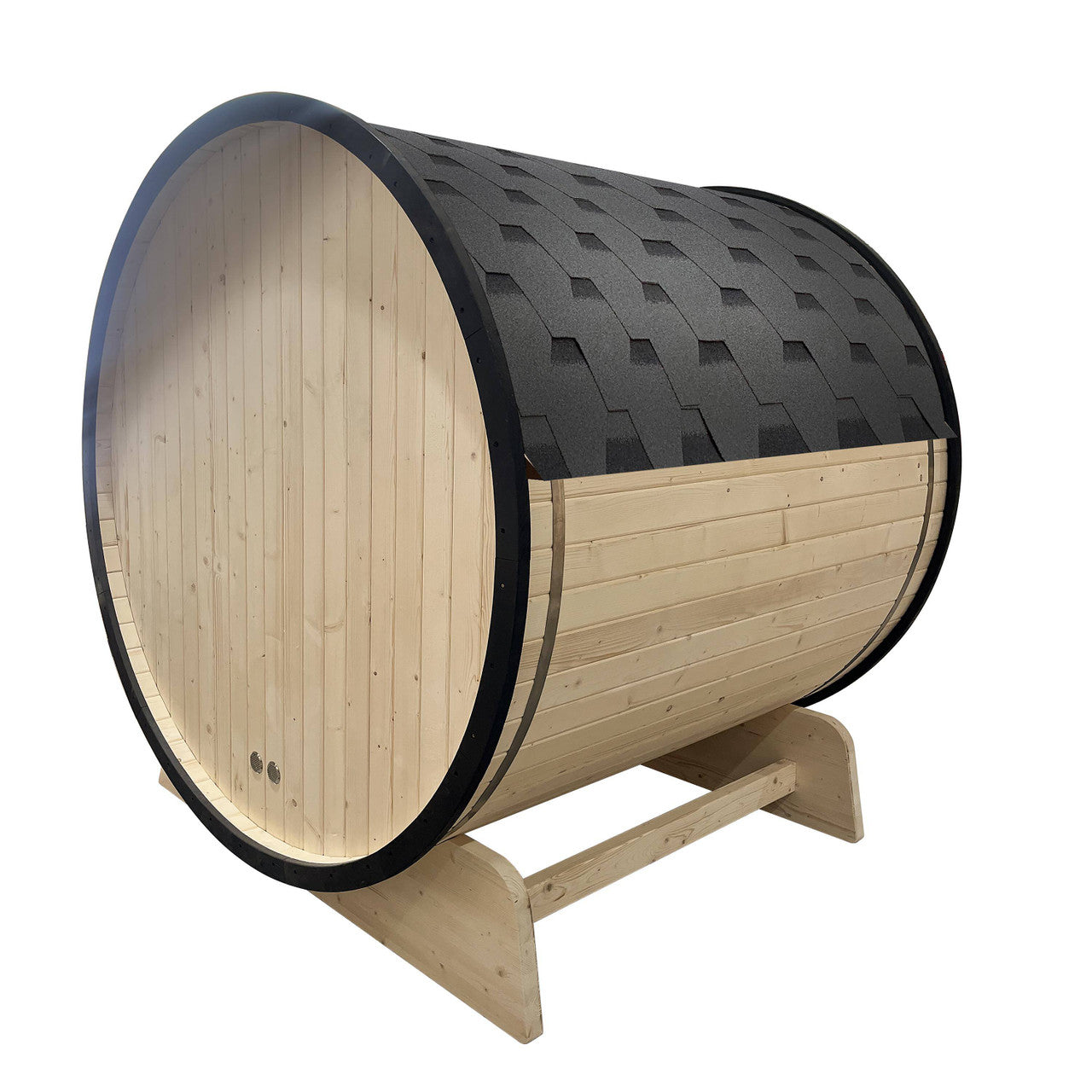 Outdoor White Finland Pine Traditional 5-Person Barrel Sauna w/ Black Accents & Front Porch Canopy