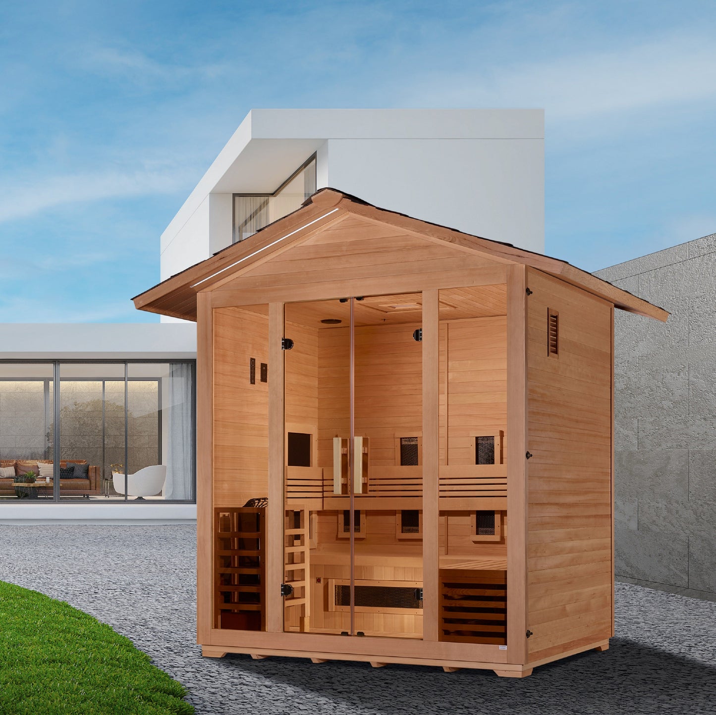 Golden Designs "Gargellen" 5-Person Hybrid Outdoor Sauna - PureTech™ Full Spectrum Infrared and Traditional Stove