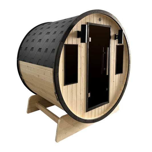 Outdoor White Finland Pine 3-4 Person Traditional Barrel Sauna w/ Black Accents