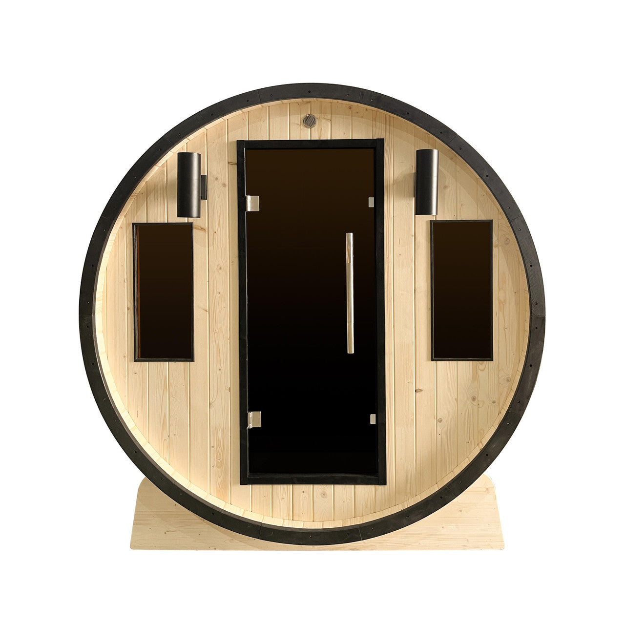 Outdoor White Finland Pine 3-4 Person Traditional Barrel Sauna w/ Black Accents