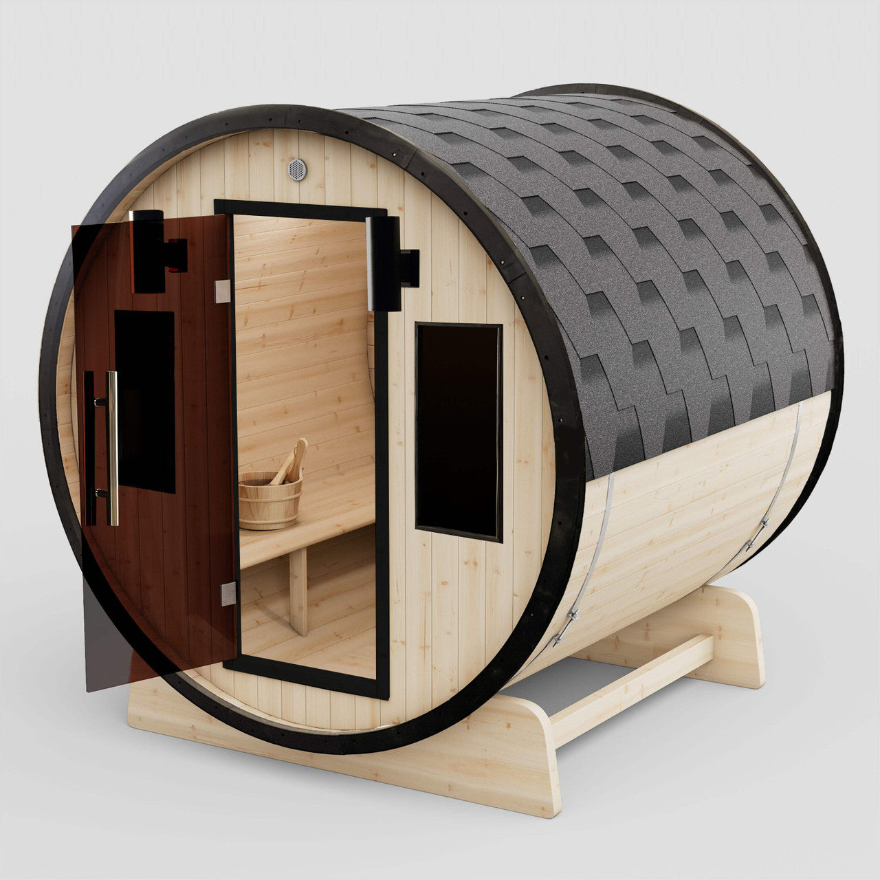 Outdoor White Finland Pine 3-4 Person Traditional Barrel Sauna w/ Black Accents