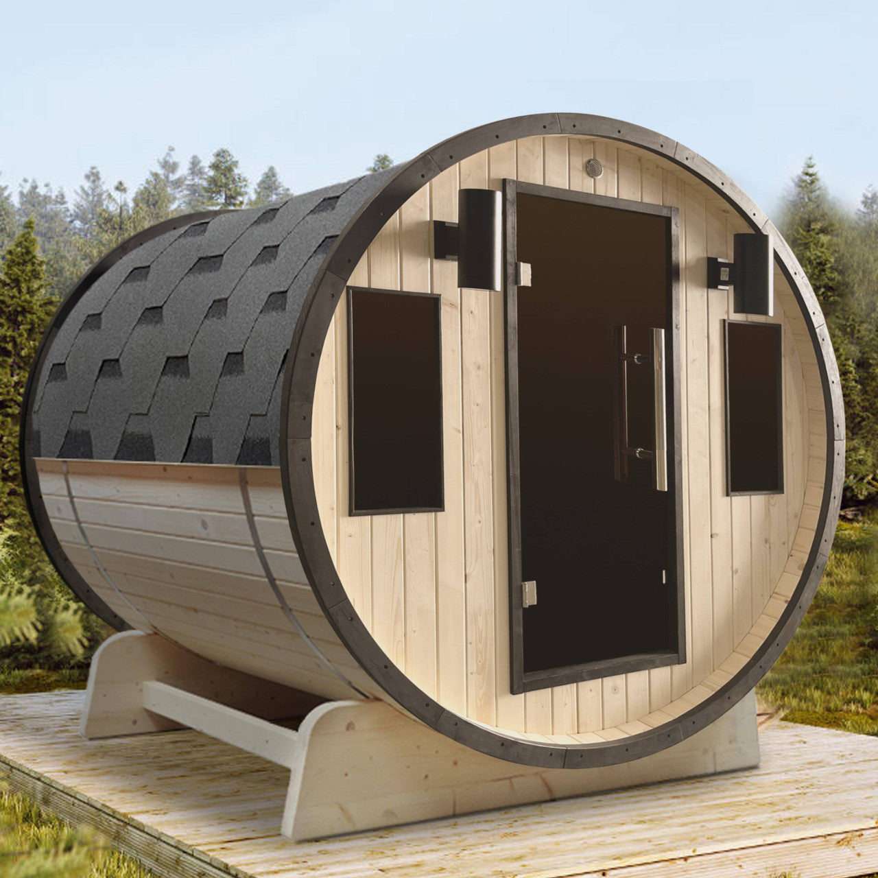 Outdoor White Finland Pine 3-4 Person Traditional Barrel Sauna w/ Black Accents