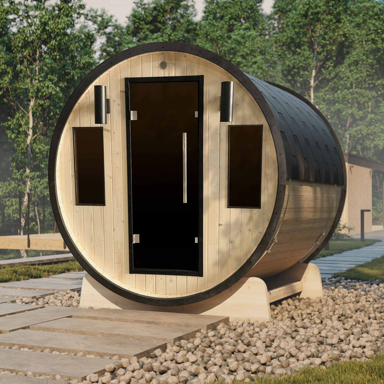 Outdoor White Finland Pine 3-4 Person Traditional Barrel Sauna w/ Black Accents