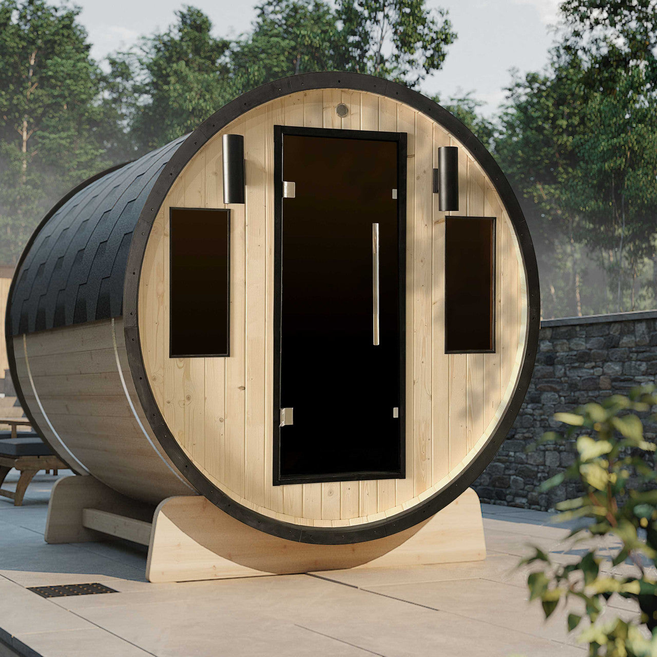 Outdoor White Finland Pine 3-4 Person Traditional Barrel Sauna w/ Black Accents