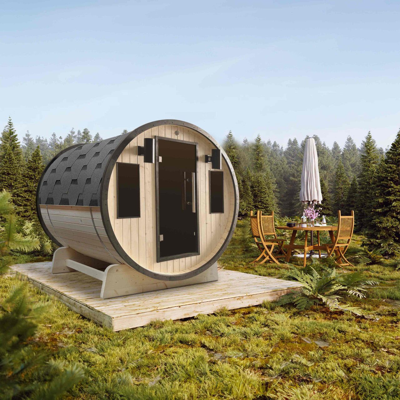 Outdoor White Finland Pine 3-4 Person Traditional Barrel Sauna w/ Black Accents