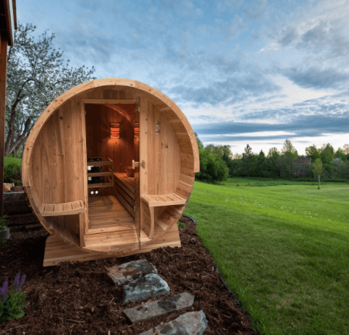 Aleko SB4CED-AP Outdoor Rustic Cedar Barrel Steam Sauna - Front Porch Canopy - ETL Certified - 3 Person