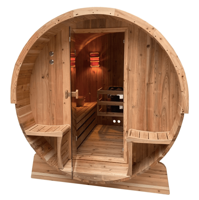 Aleko SB4CED-AP Outdoor Rustic Cedar Barrel Steam Sauna - Front Porch Canopy - ETL Certified - 3 Person