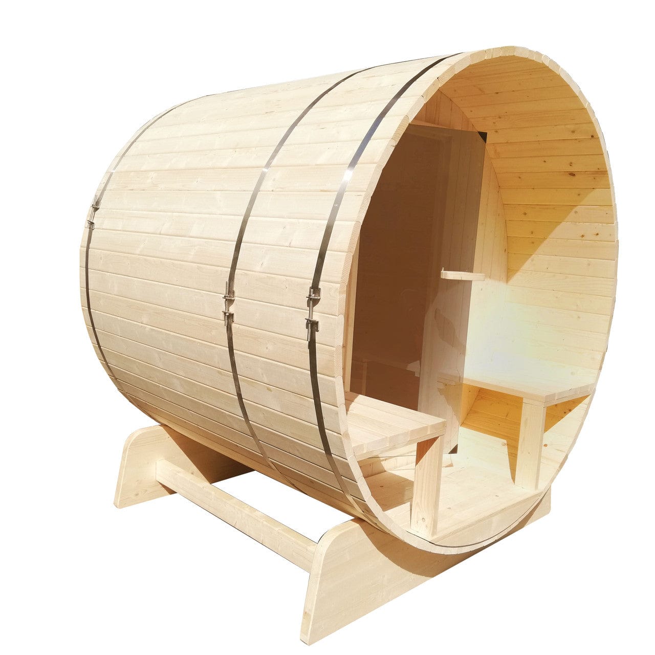 Aleko SB5PINECP-AP Outdoor / Indoor White Finland Pine 5-Person Wet Dry Barrel Sauna - with Front Porch Canopy and Bitumen Shingle Roofing