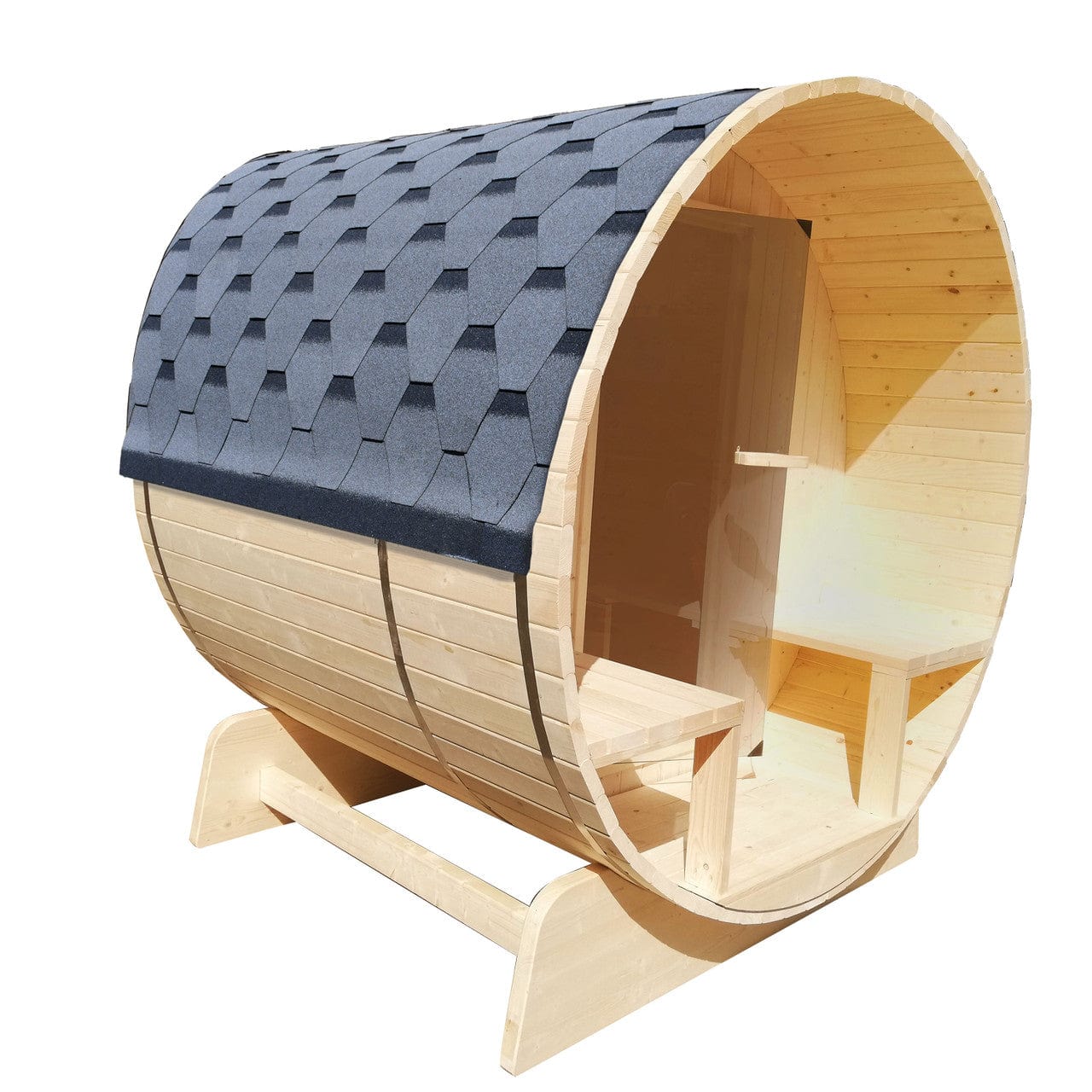 Aleko SB5PINECP-AP Outdoor / Indoor White Finland Pine 5-Person Wet Dry Barrel Sauna - with Front Porch Canopy and Bitumen Shingle Roofing