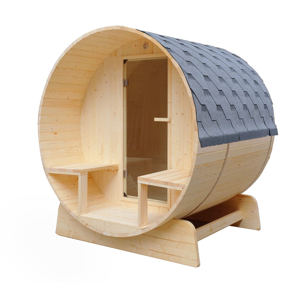 Aleko SB5PINECP-AP Outdoor / Indoor White Finland Pine 5-Person Wet Dry Barrel Sauna - with Front Porch Canopy and Bitumen Shingle Roofing