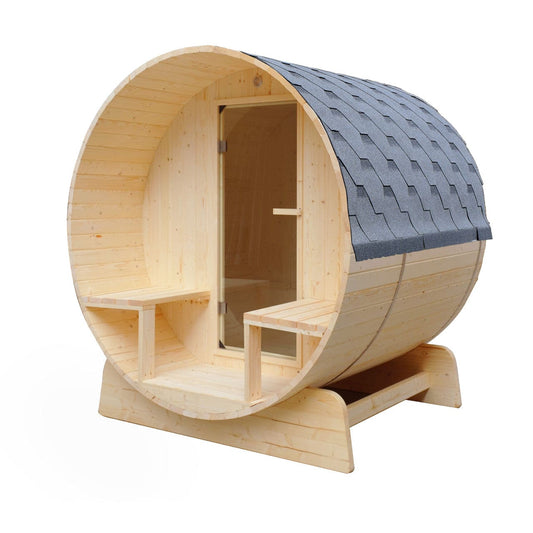 Aleko SB5PINECP-AP Outdoor / Indoor White Finland Pine 5-Person Wet Dry Barrel Sauna - with Front Porch Canopy and Bitumen Shingle Roofing