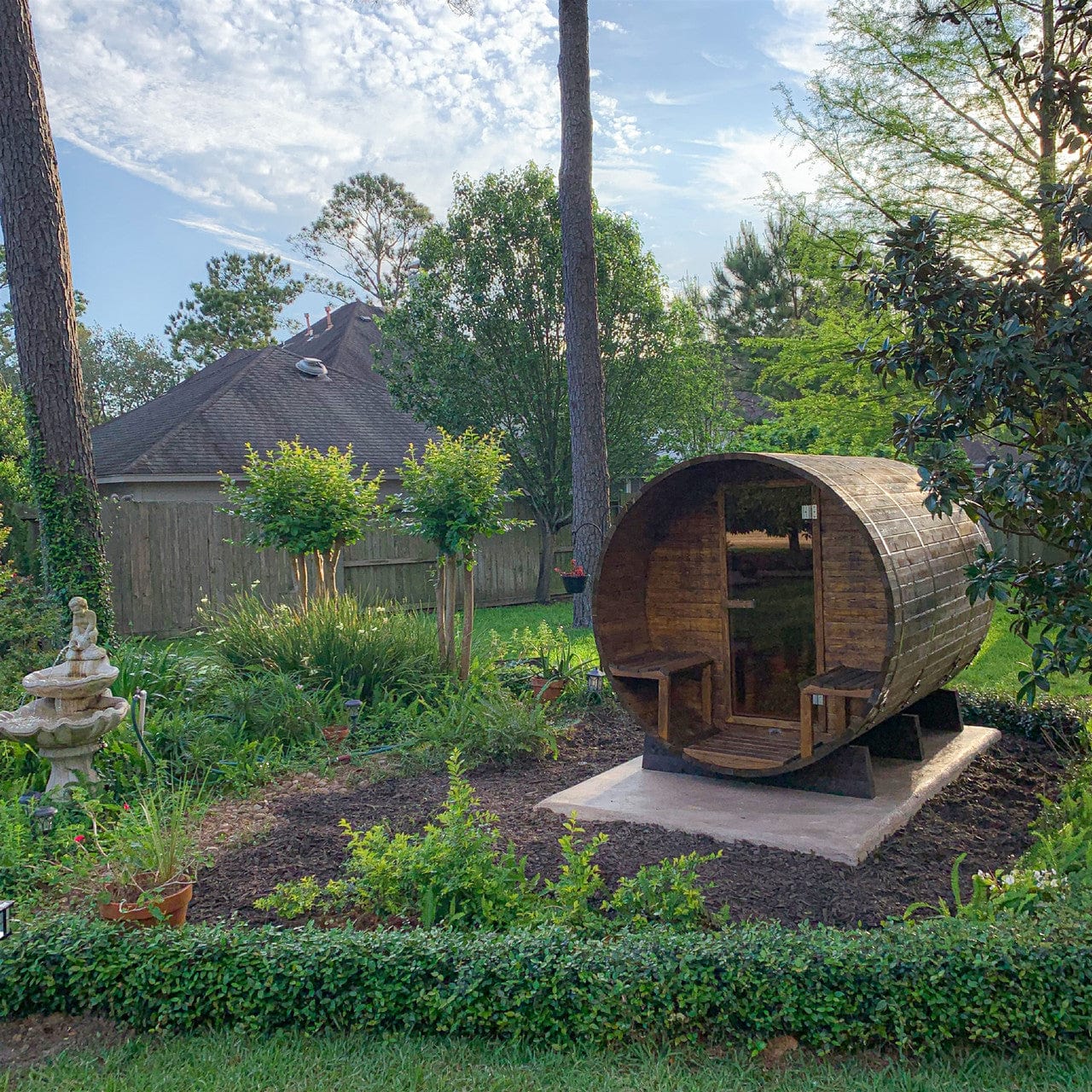 Aleko SB8CEDARCP-AP Outdoor / Indoor Red Cedar Wet/Dry 6-8 Person Barrel Sauna - with Front Porch Canopy, Panoramic View, and Bitumen Shingle Roofing