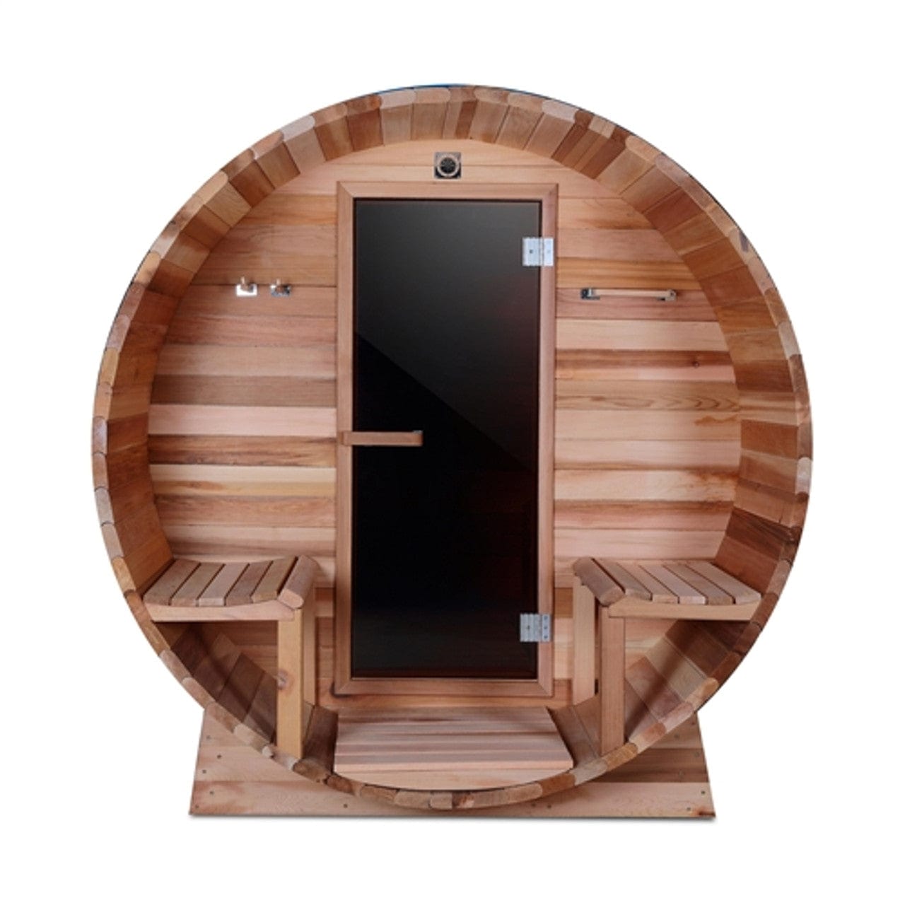 Aleko SB8CEDARCP-AP Outdoor / Indoor Red Cedar Wet/Dry 6-8 Person Barrel Sauna - with Front Porch Canopy, Panoramic View, and Bitumen Shingle Roofing