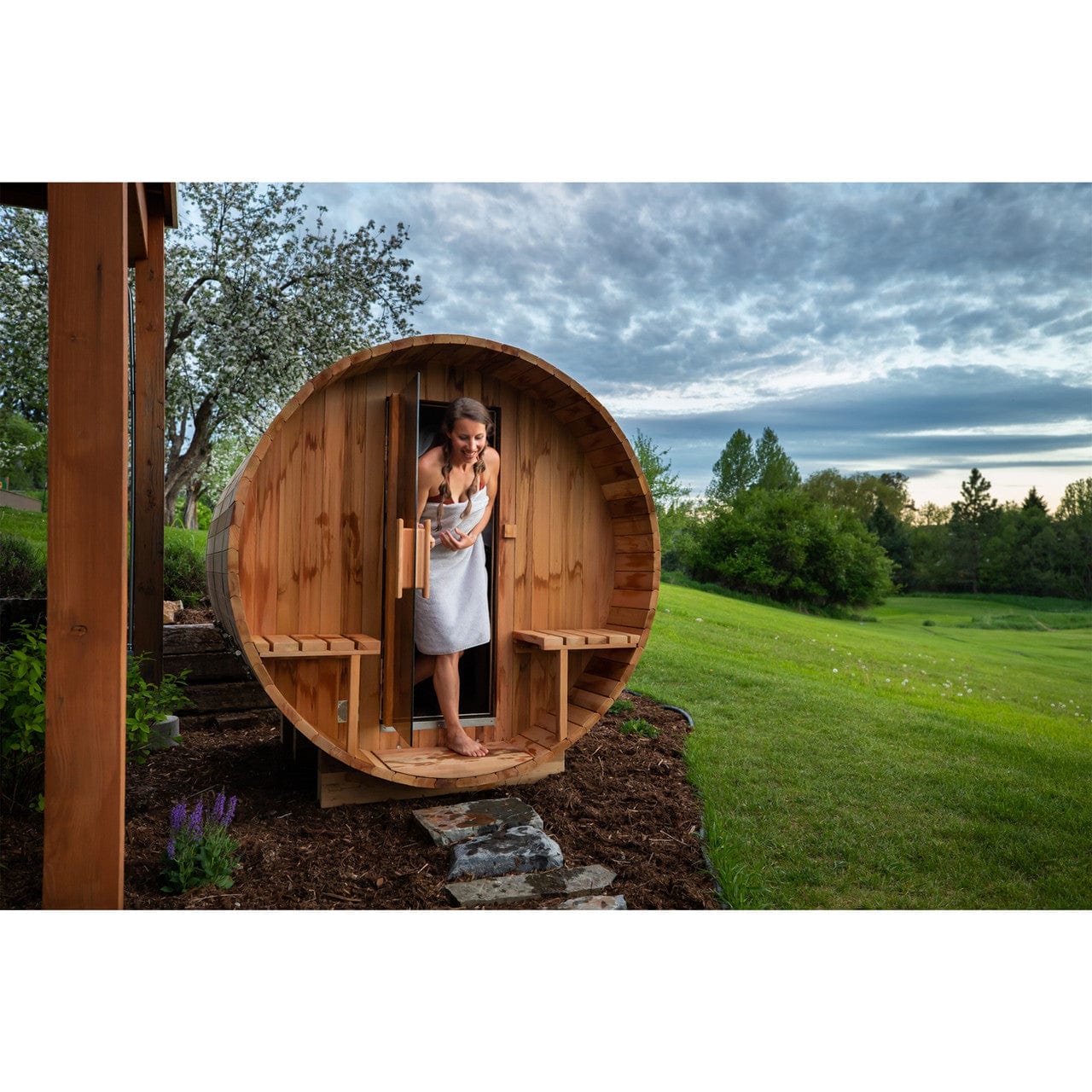 Aleko SB8CEDARCP-AP Outdoor / Indoor Red Cedar Wet/Dry 6-8 Person Barrel Sauna - with Front Porch Canopy, Panoramic View, and Bitumen Shingle Roofing