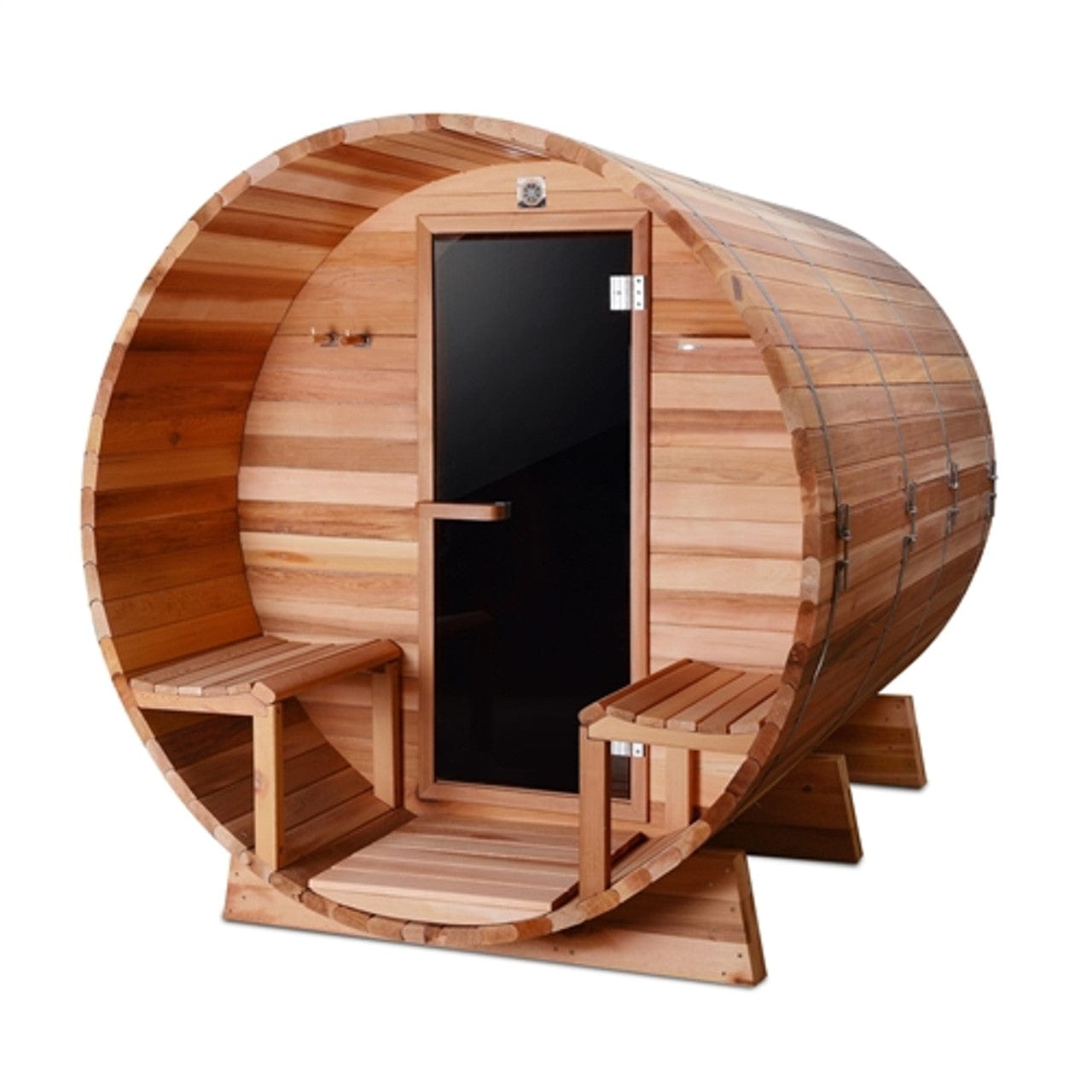 Aleko SB8CEDARCP-AP Outdoor / Indoor Red Cedar Wet/Dry 6-8 Person Barrel Sauna - with Front Porch Canopy, Panoramic View, and Bitumen Shingle Roofing