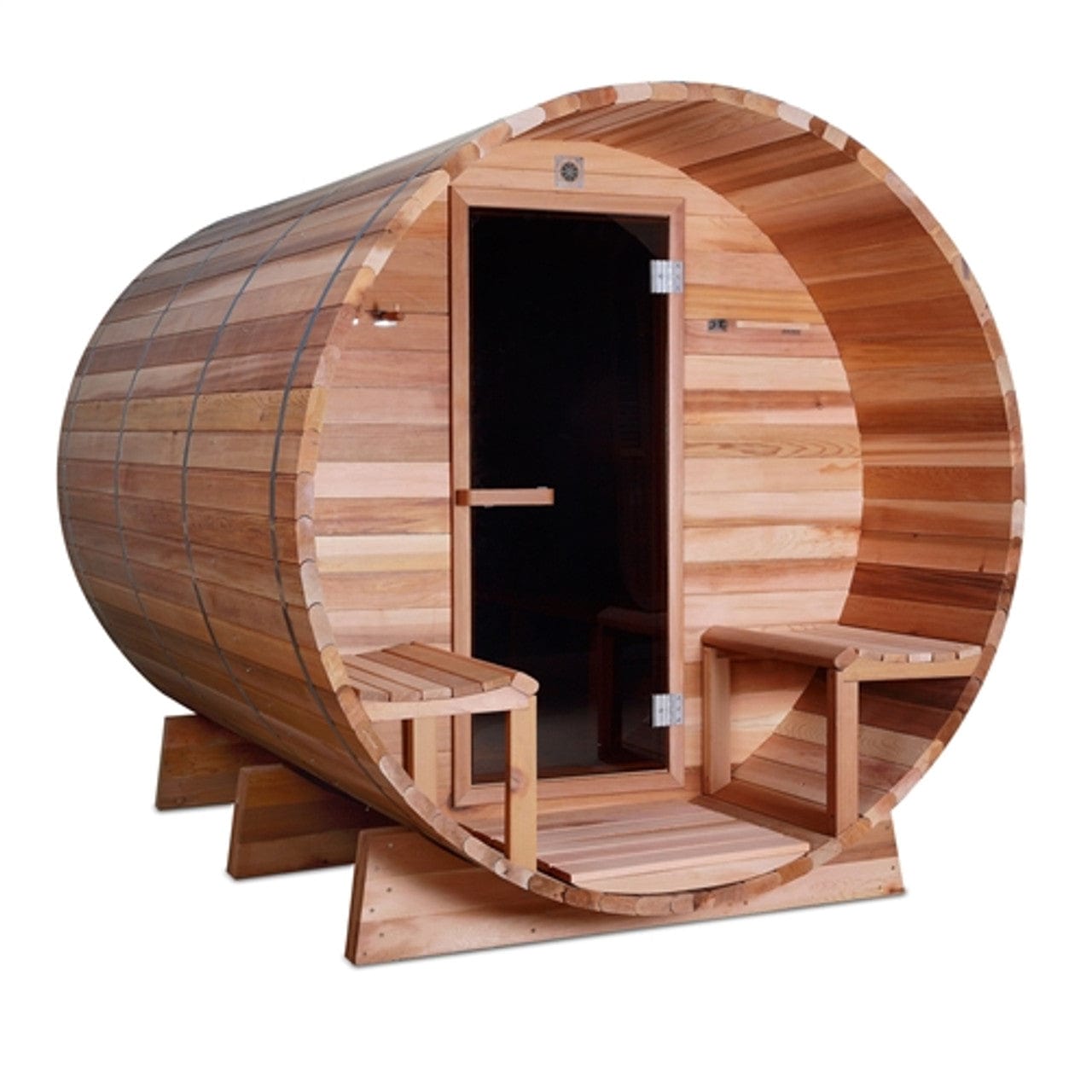 Aleko SB8CEDARCP-AP Outdoor / Indoor Red Cedar Wet/Dry 6-8 Person Barrel Sauna - with Front Porch Canopy, Panoramic View, and Bitumen Shingle Roofing