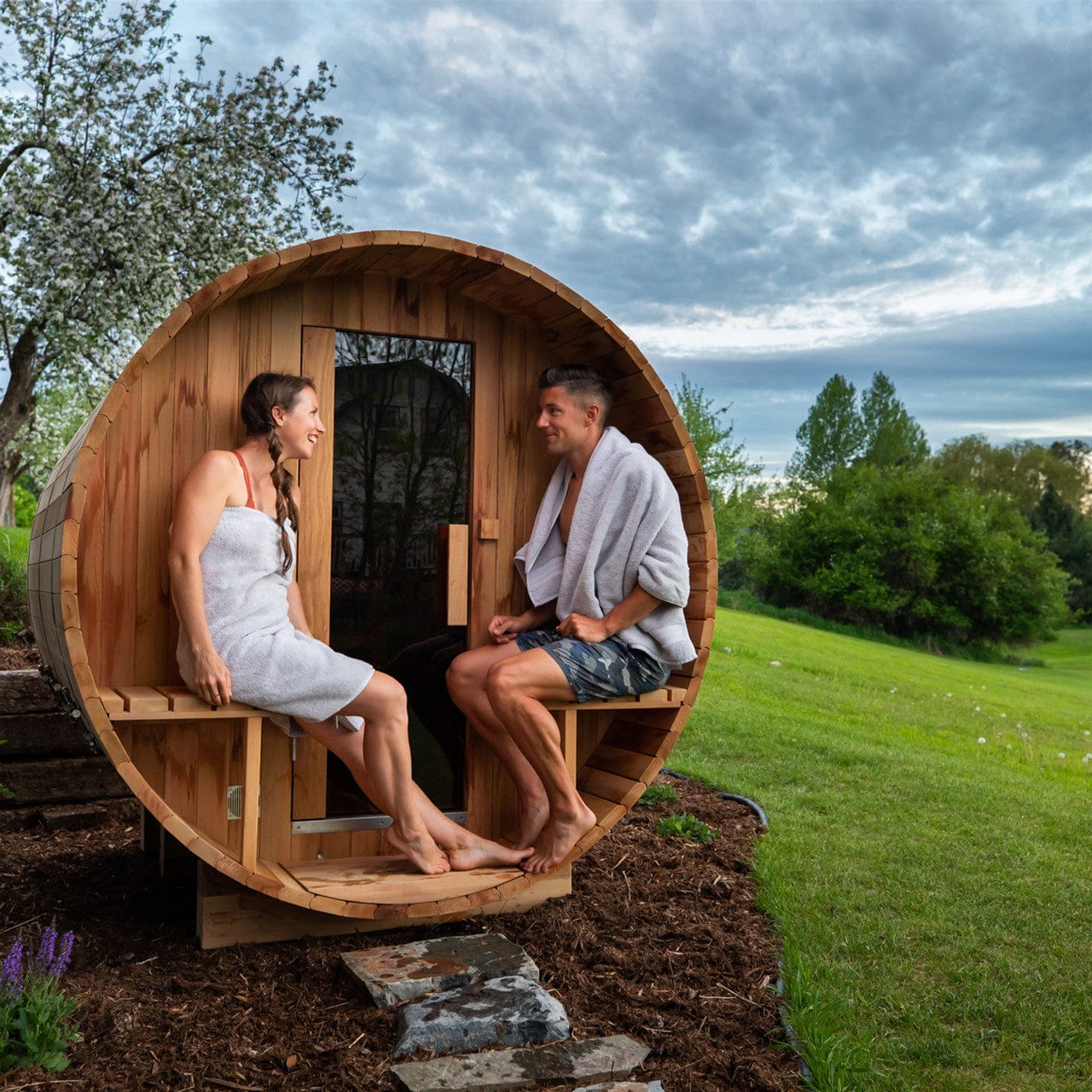 Aleko SB8CEDARCP-AP Outdoor / Indoor Red Cedar Wet/Dry 6-8 Person Barrel Sauna - with Front Porch Canopy, Panoramic View, and Bitumen Shingle Roofing