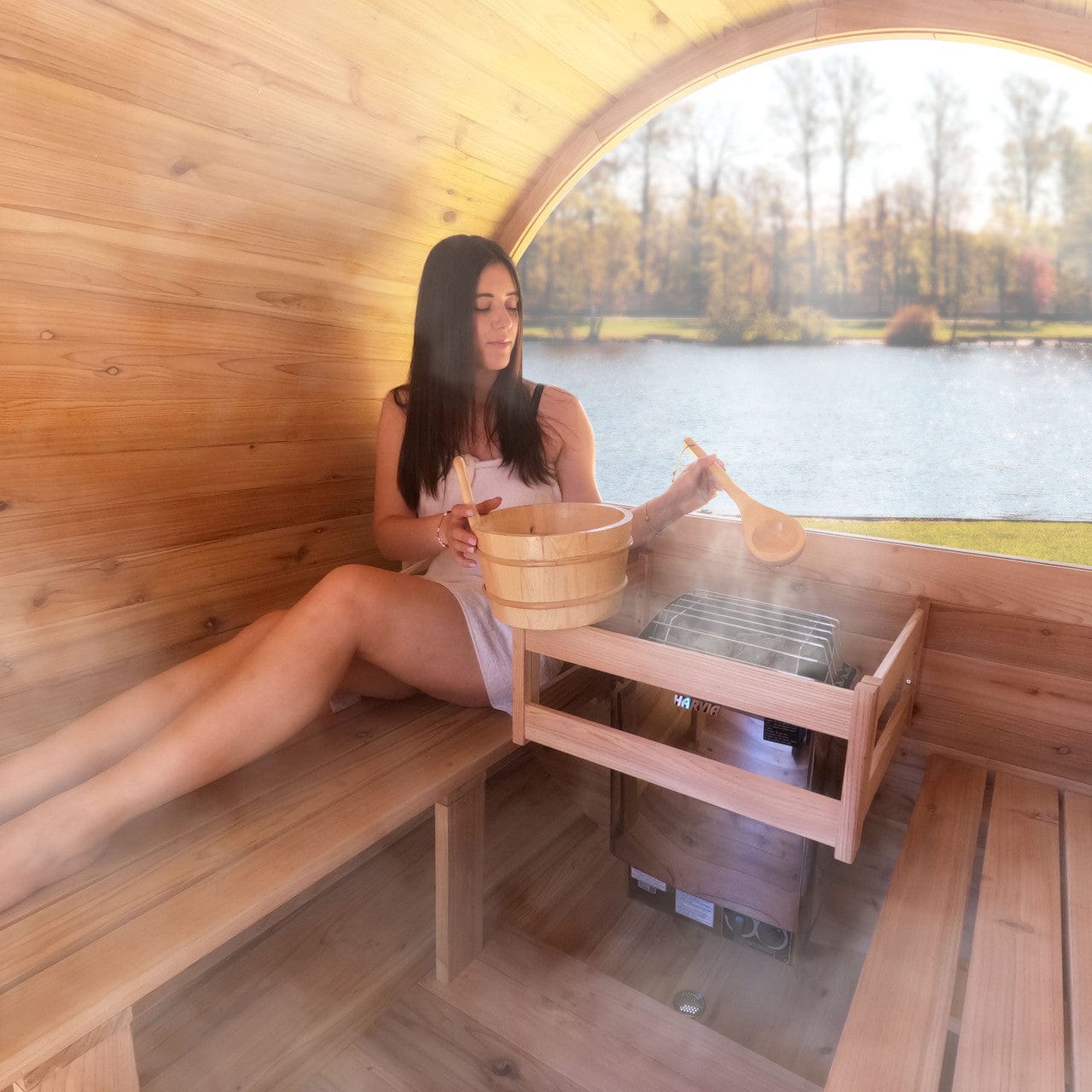 Aleko SB8CEDARCP-AP Outdoor / Indoor Red Cedar Wet/Dry 6-8 Person Barrel Sauna - with Front Porch Canopy, Panoramic View, and Bitumen Shingle Roofing