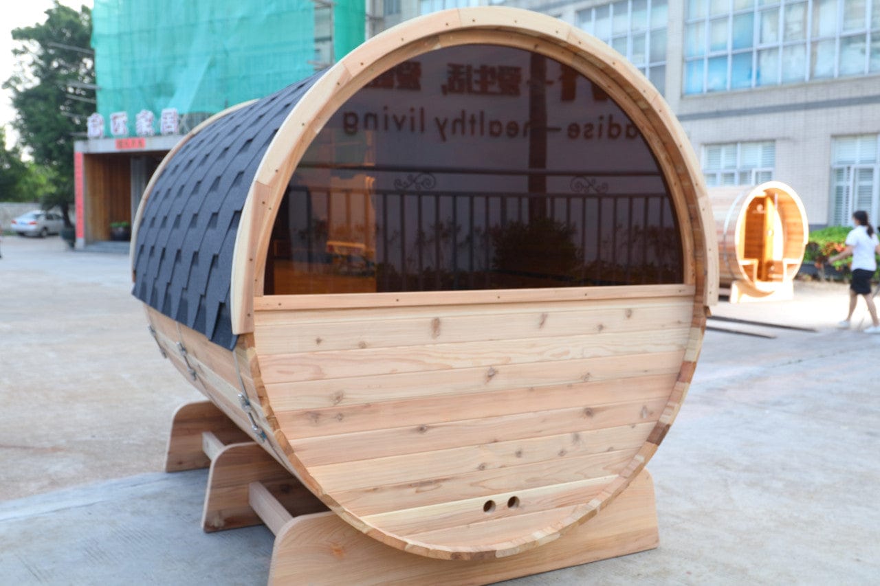 Aleko SB8CEDARCP-AP Outdoor / Indoor Red Cedar Wet/Dry 6-8 Person Barrel Sauna - with Front Porch Canopy, Panoramic View, and Bitumen Shingle Roofing