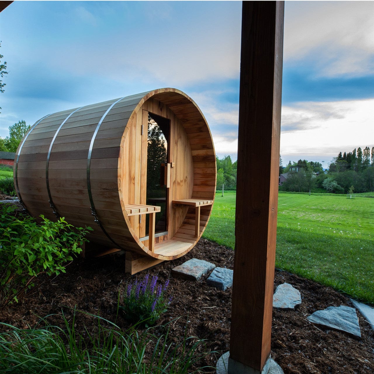 Aleko SB8CEDARCP-AP Outdoor / Indoor Red Cedar Wet/Dry 6-8 Person Barrel Sauna - with Front Porch Canopy, Panoramic View, and Bitumen Shingle Roofing