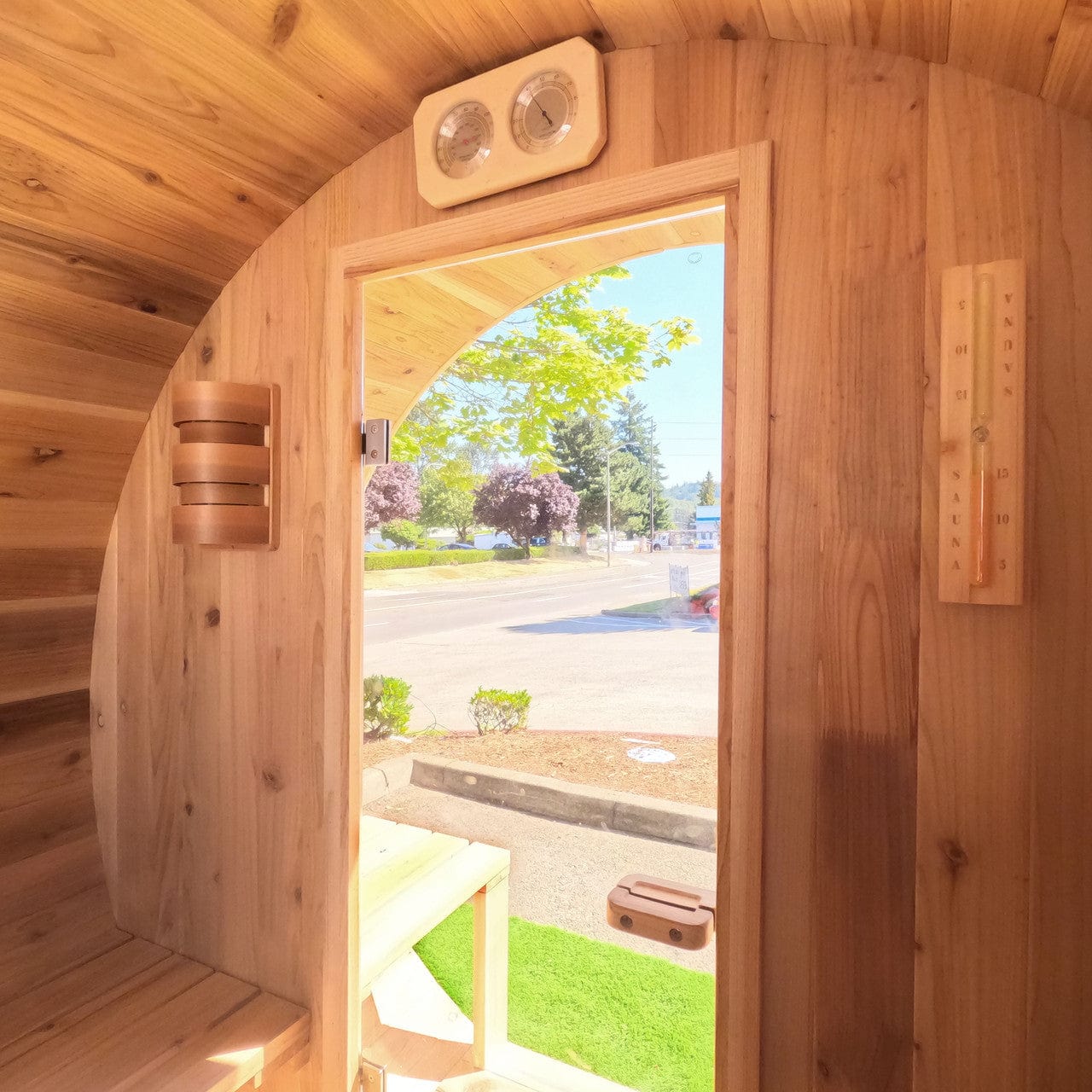Aleko SB8CEDARCP-AP Outdoor / Indoor Red Cedar Wet/Dry 6-8 Person Barrel Sauna - with Front Porch Canopy, Panoramic View, and Bitumen Shingle Roofing