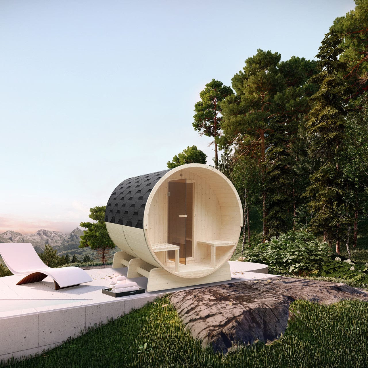 Aleko SB8PINECP-AP Outdoor / Indoor White Finland Pine Wet/Dry 6-9 Person Barrel Sauna - with Front Porch Canopy