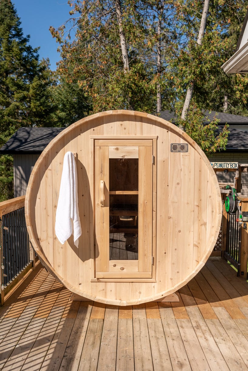 Dundalk Harmony Barrel 4 Person Sauna CTC22W w/ Harvia KIP 8KW Sauna Heater Included