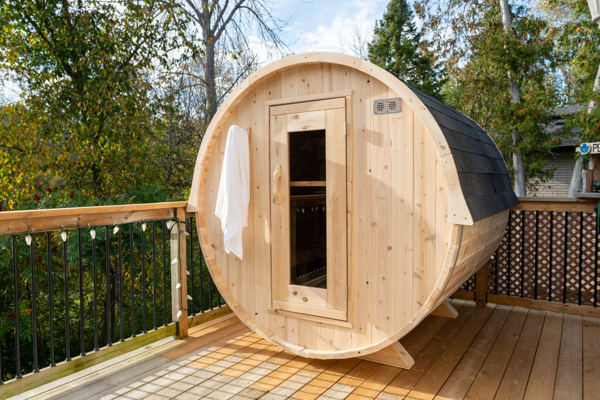 Dundalk Harmony Barrel 4 Person Sauna CTC22W w/ Harvia KIP 8KW Sauna Heater Included