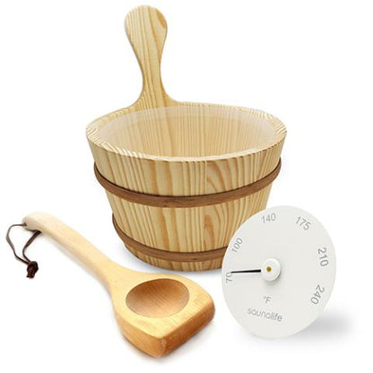 SaunaLife Sauna Bucket Set w/ Wood Ladle & Thermometer