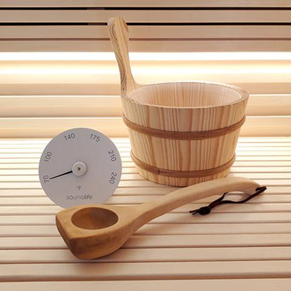 SaunaLife Sauna Bucket Set w/ Wood Ladle & Thermometer