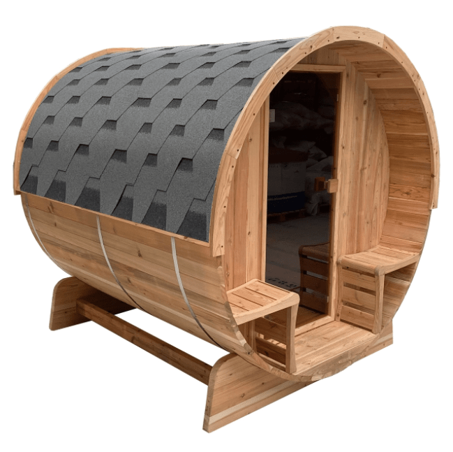 Aleko SB4CED-AP Outdoor Rustic Cedar Barrel Steam Sauna - Front Porch Canopy - ETL Certified - 3 Person