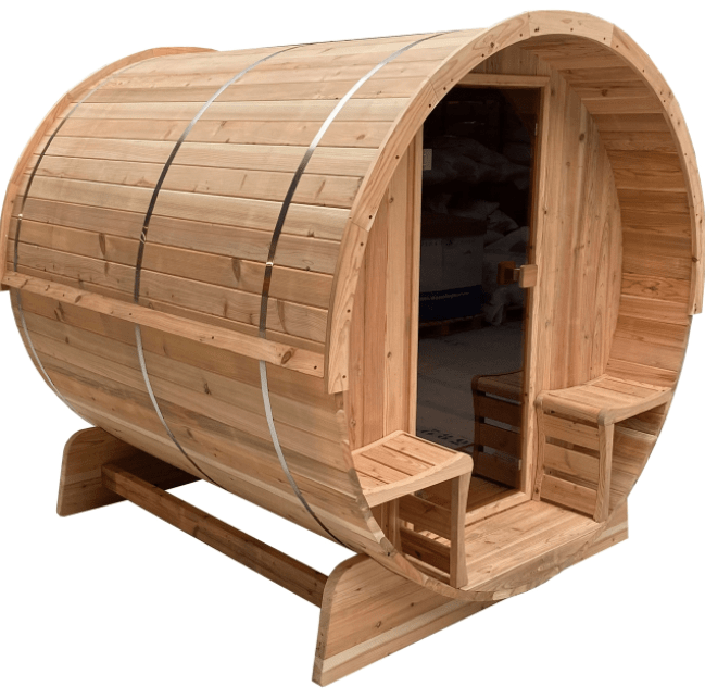 Aleko SB4CED-AP Outdoor Rustic Cedar Barrel Steam Sauna - Front Porch Canopy - ETL Certified - 3 Person