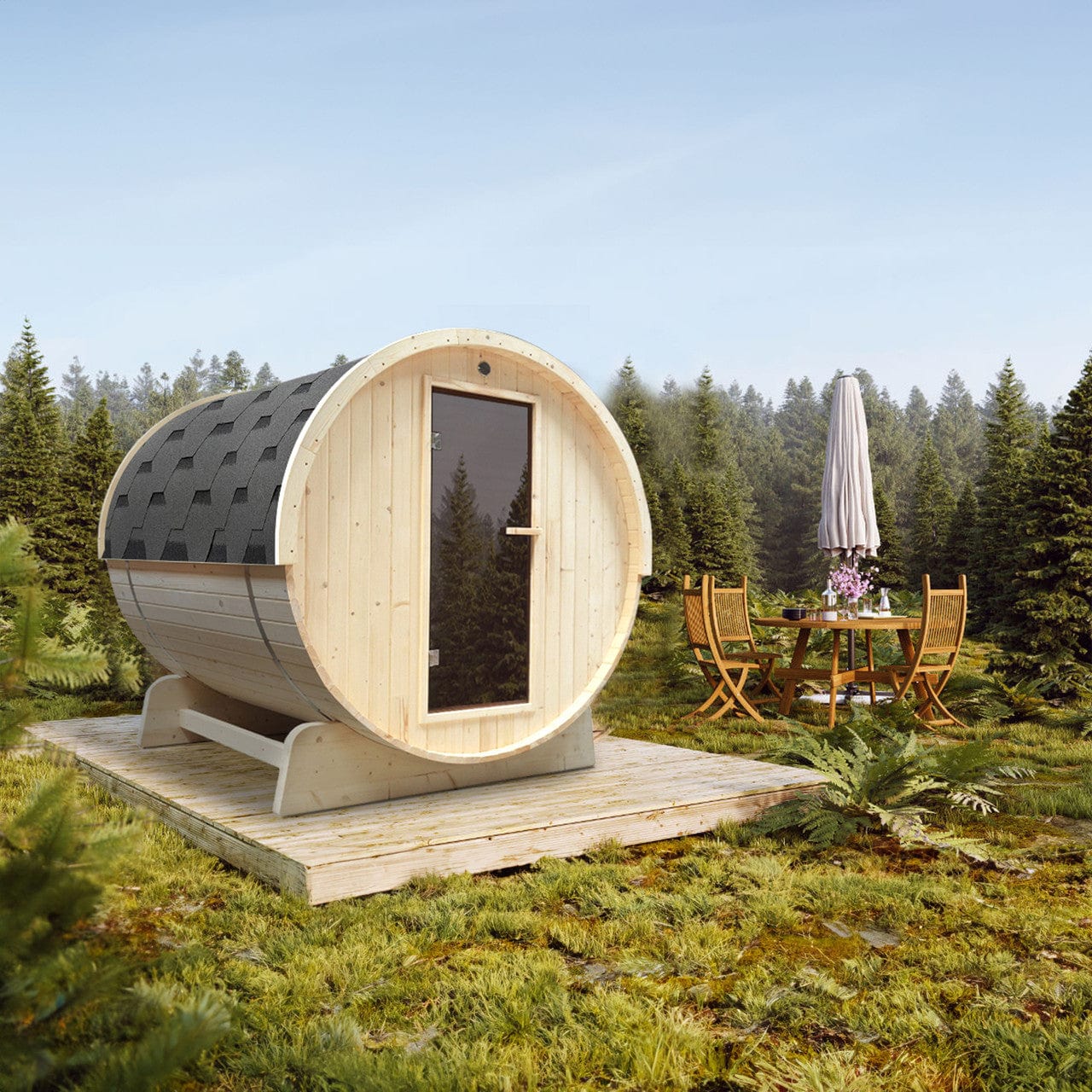 Aleko SB4PINE-AP Outdoor / Indoor White Pine 4-Person Barrel Sauna - with Bitumen Shingle Roofing