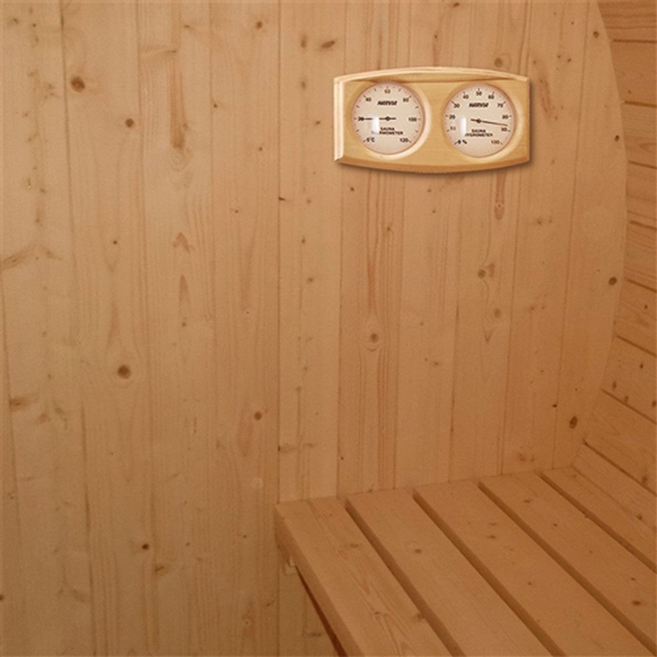 Aleko SB5PINECP-AP Outdoor / Indoor White Finland Pine 5-Person Wet Dry Barrel Sauna - with Front Porch Canopy and Bitumen Shingle Roofing