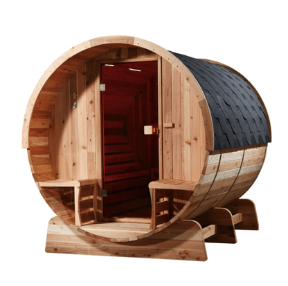 Aleko SB6CED-AP Outdoor Rustic Cedar Barrel Steam Sauna - Front Porch Canopy - ETL Certified - 6 Person