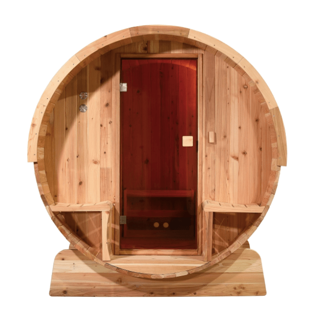 Aleko SB6CED-AP Outdoor Rustic Cedar Barrel Steam Sauna - Front Porch Canopy - ETL Certified - 6 Person