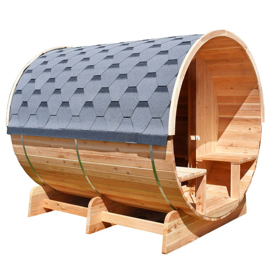 Aleko SB8CEDARCP-AP Outdoor / Indoor Red Cedar Wet/Dry 6-8 Person Barrel Sauna - with Front Porch Canopy, Panoramic View, and Bitumen Shingle Roofing
