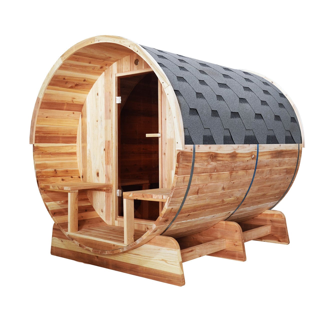 Aleko SB8CEDARCP-AP Outdoor / Indoor Red Cedar Wet/Dry 6-8 Person Barrel Sauna - with Front Porch Canopy, Panoramic View, and Bitumen Shingle Roofing