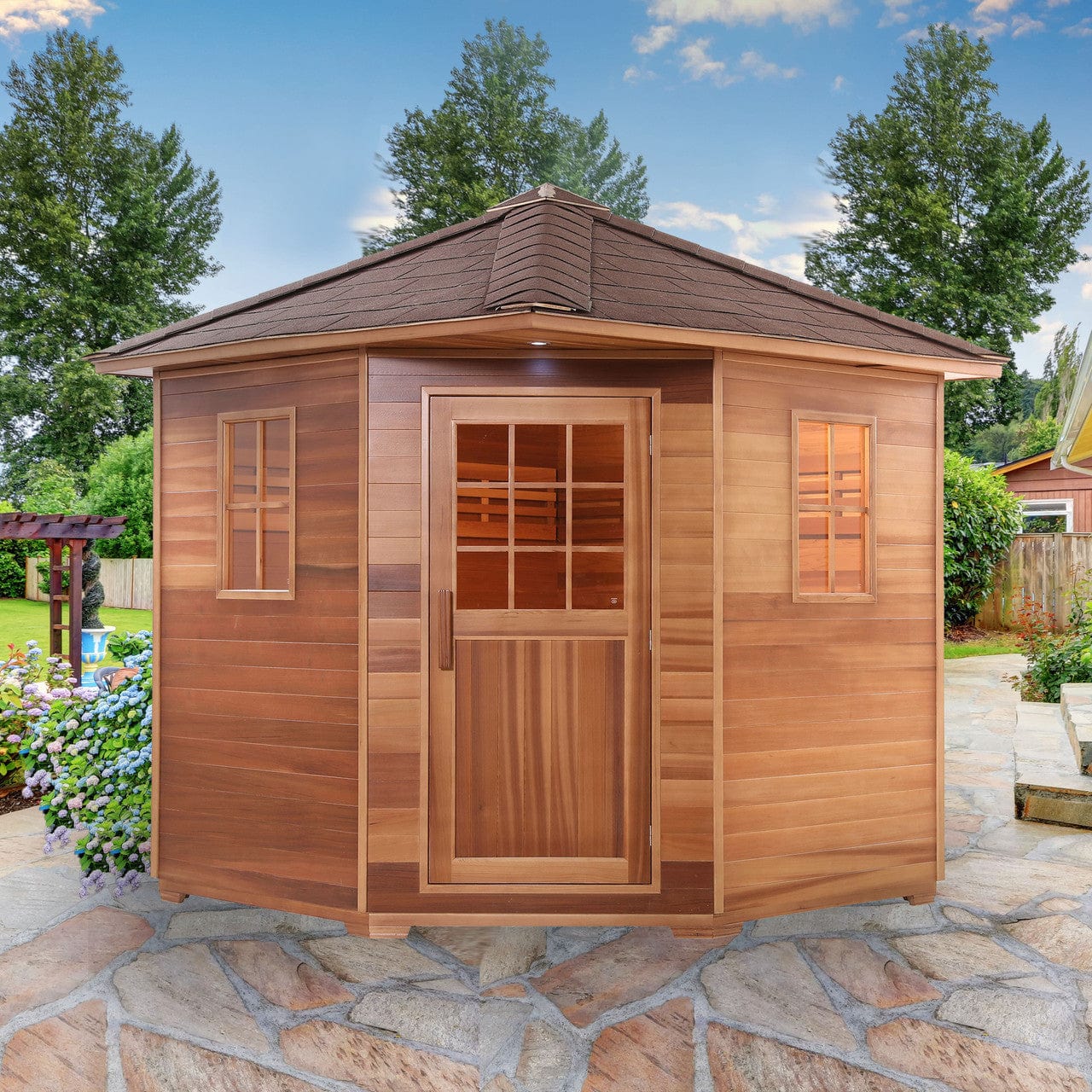 Aleko SKD8RCED-AP Canadian Red Cedar Wet Dry Outdoor Sauna with Asphalt Roof - 8 kW UL Certified Heater - 8 Person