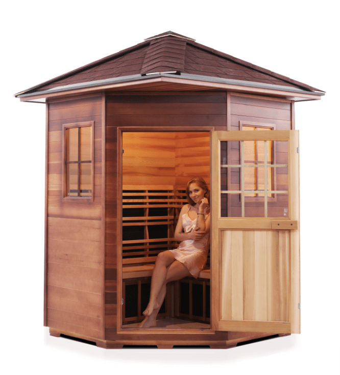 Enlighten H-16379 Sapphire Outdoor 4-Person CORNER Hybrid Sauna - both Infrared and Traditional heating
