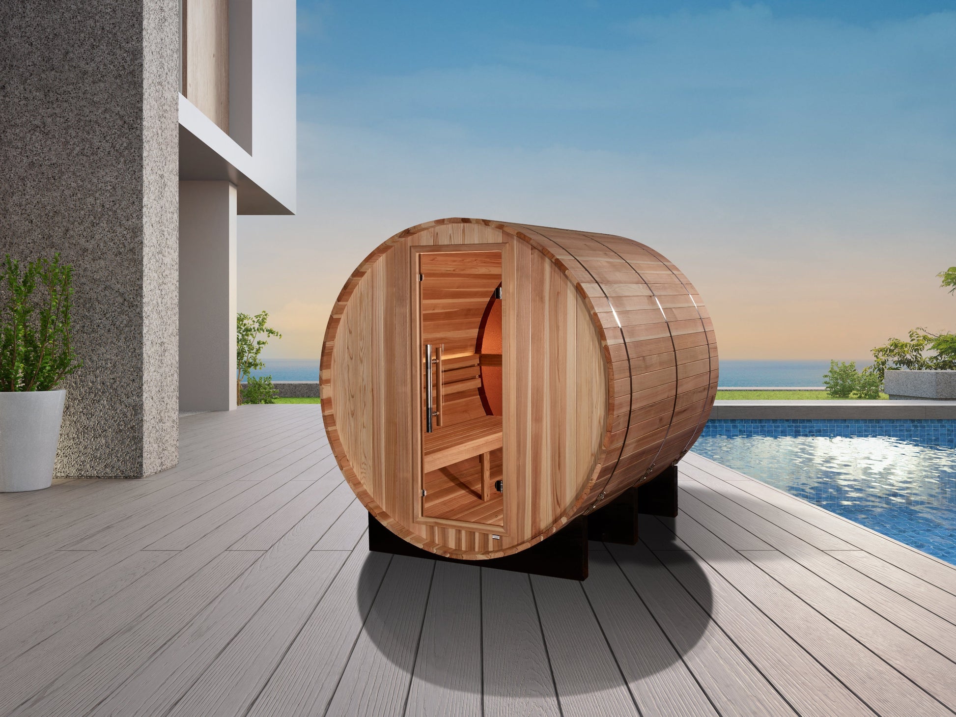 Golden Designs GDI-B024-01 Golden Designs "Zurich" 4-Person Barrel Traditional Sauna - with Bronze Privacy View