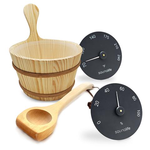 SaunaLife Sauna Bucket w/ Wood Ladle, Thermometer, Hygrometer,