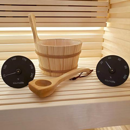 SaunaLife Sauna Bucket w/ Wood Ladle, Thermometer, Hygrometer,